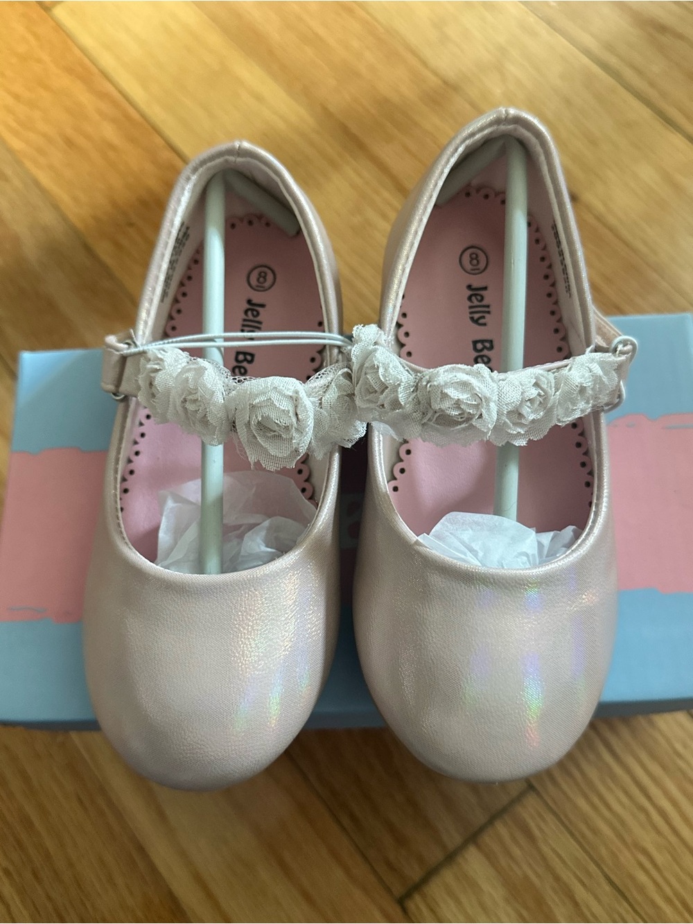 Jelly Beans Iridescent Pink Mary Jane Flats with Floral Strap